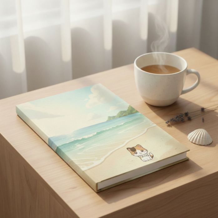 Quiet Morning by the Sea with Pachi Journal styled on a table with a cup