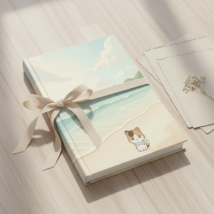 Quiet Morning by the Sea with Pachi Journal wrapped with ribbon on a soft neutral surface