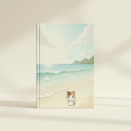 Quiet Morning by the Sea with Pachi Journal with illustrated beach cover