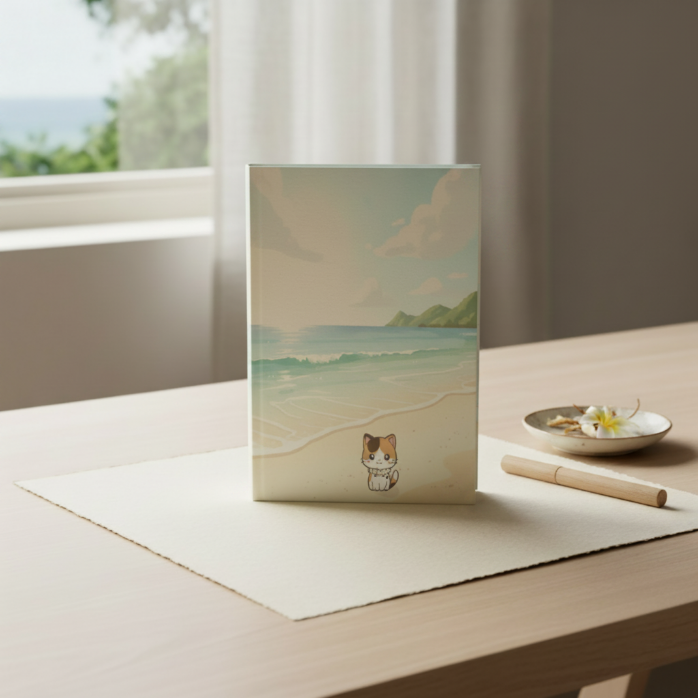 Quiet Morning by the Sea with Pachi Journal standing upright on a table near a window