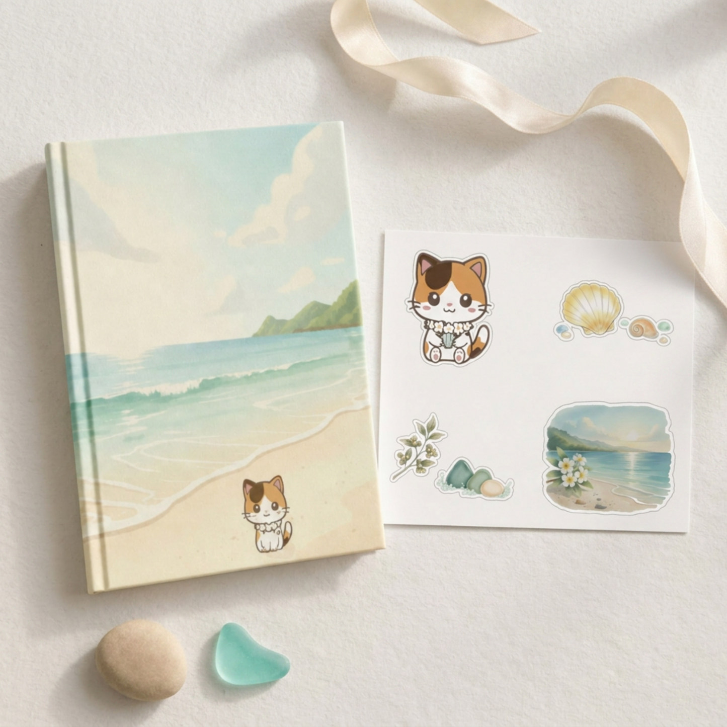 Quiet Morning Gift Set with matching journal, sticker sheet, and ribbon on a soft neutral surface