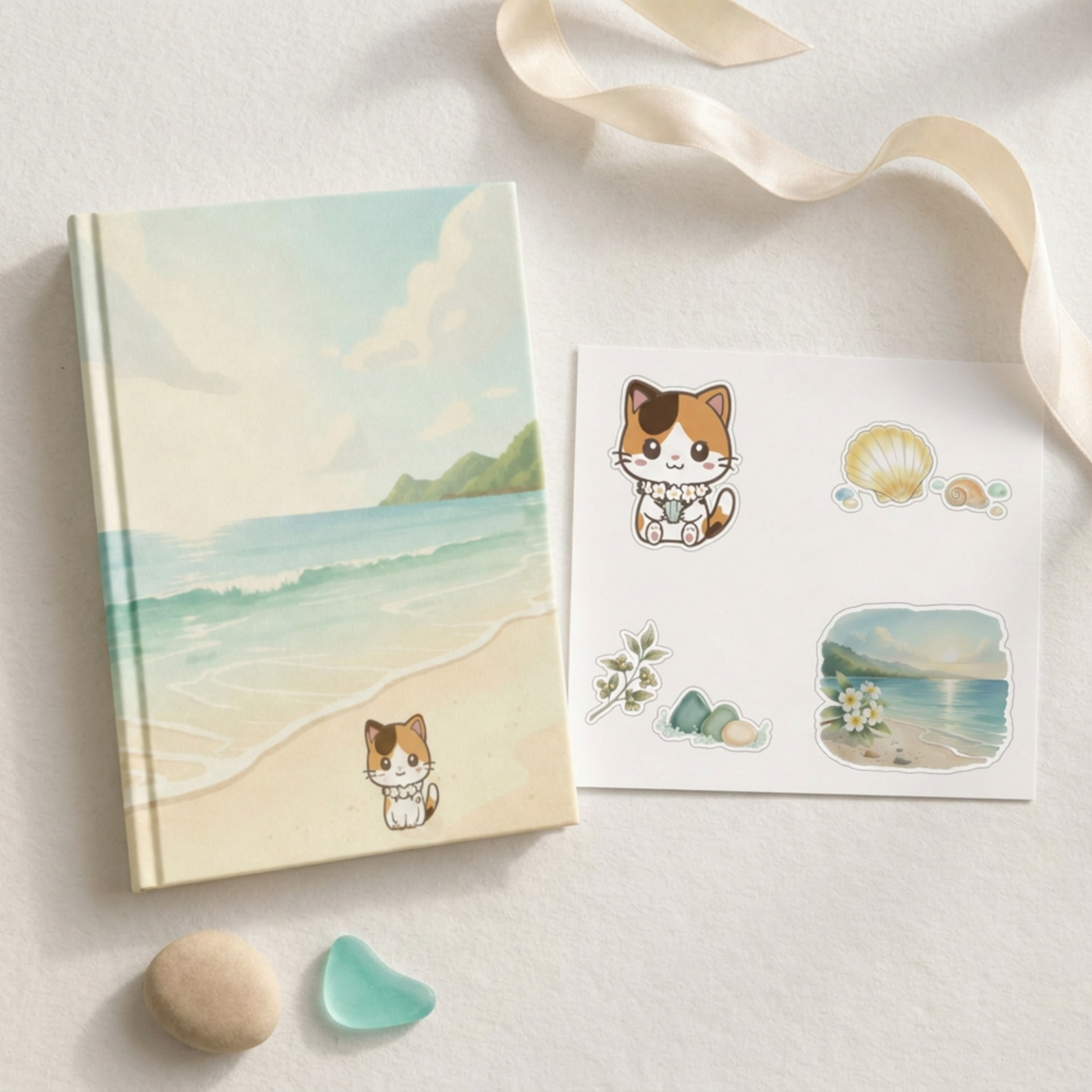 Quiet Morning Gift Set with matching journal, sticker sheet, and ribbon on a soft neutral surface