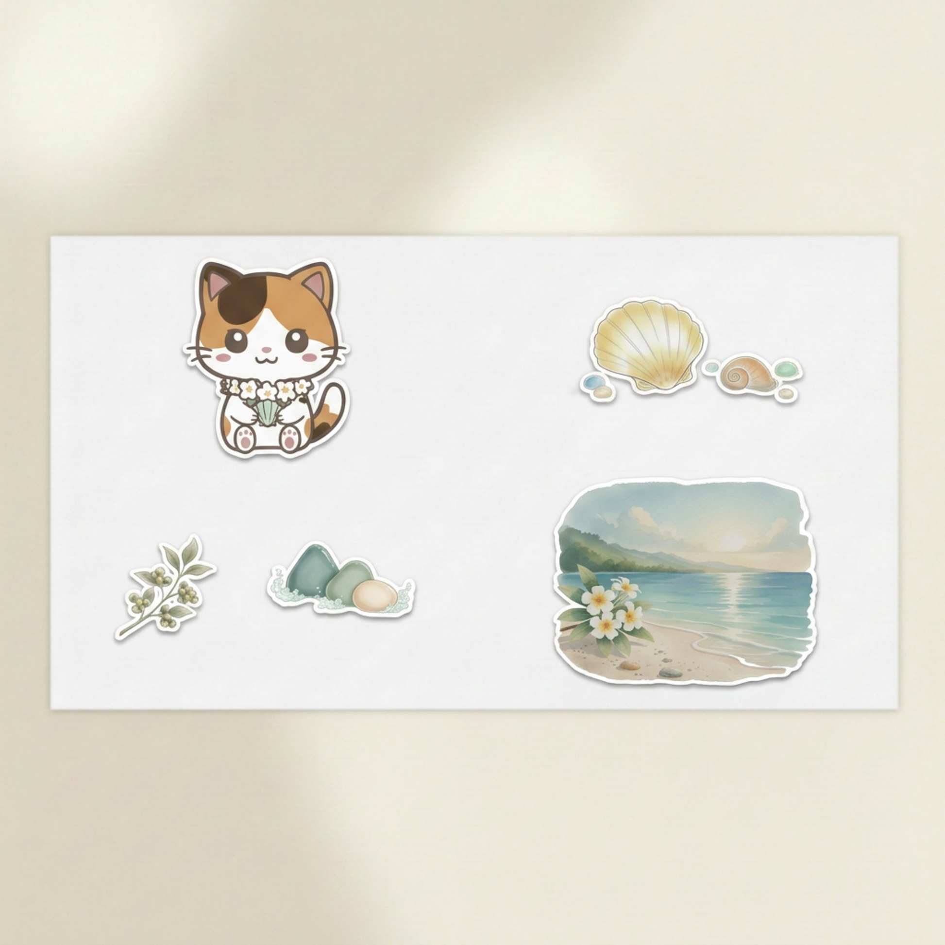 Quiet Morning Sticker Sheet with illustrated Pachi, shell, sea glass, botanicals, and coastal details