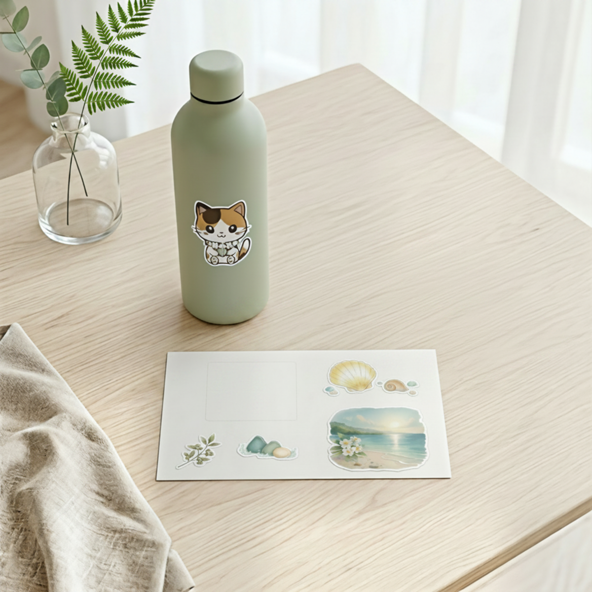 Quiet Morning Sticker Sheet styled with everyday accessories on a soft neutral surface